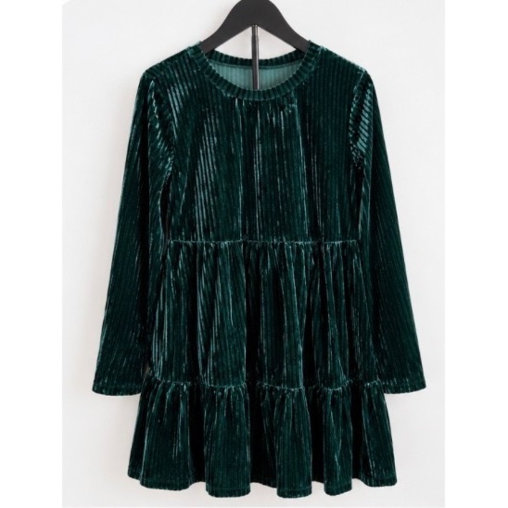 SHEIN Women Emerald Green Pleated Velvet Tiered Babydoll Mini Dress Large L